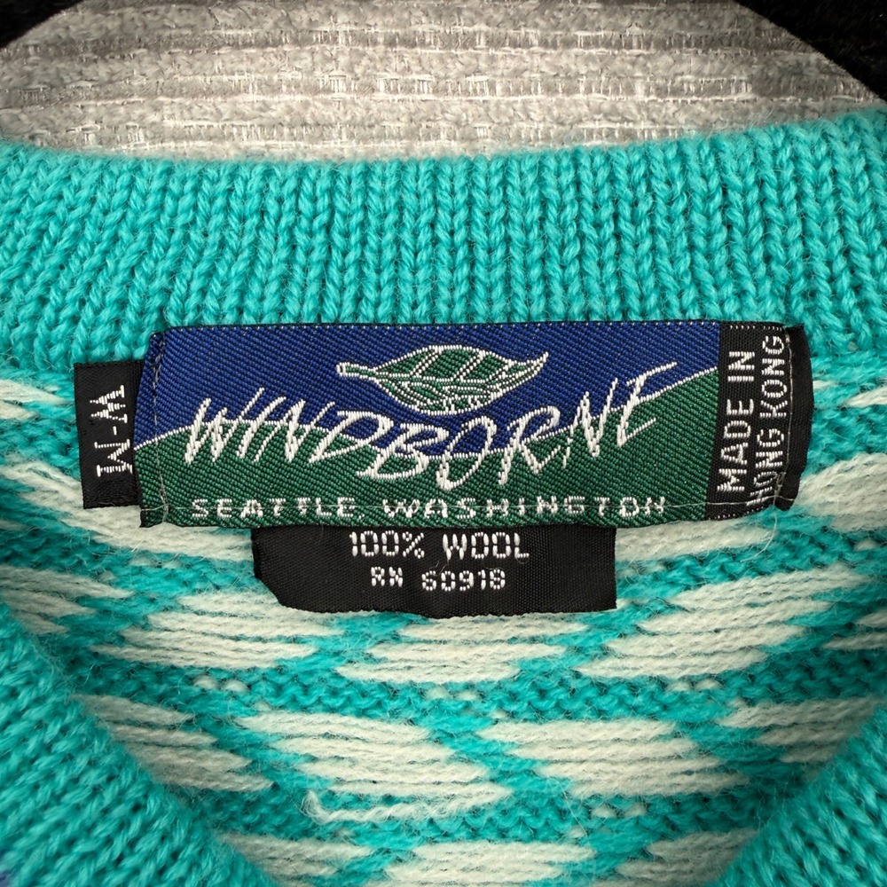 Vintage Windborne Sweater Women M Wool Teal White Geometric Knit Boho Country - Picture 3 of 10